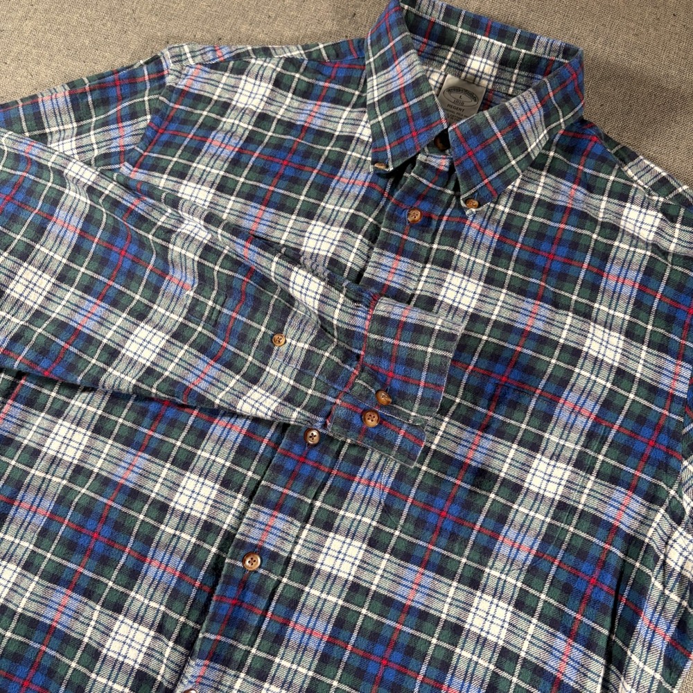 Brooks Brothers Flannel Shirt Mens L‎ Green Blue Plaid Regent 1818 Cotton LS